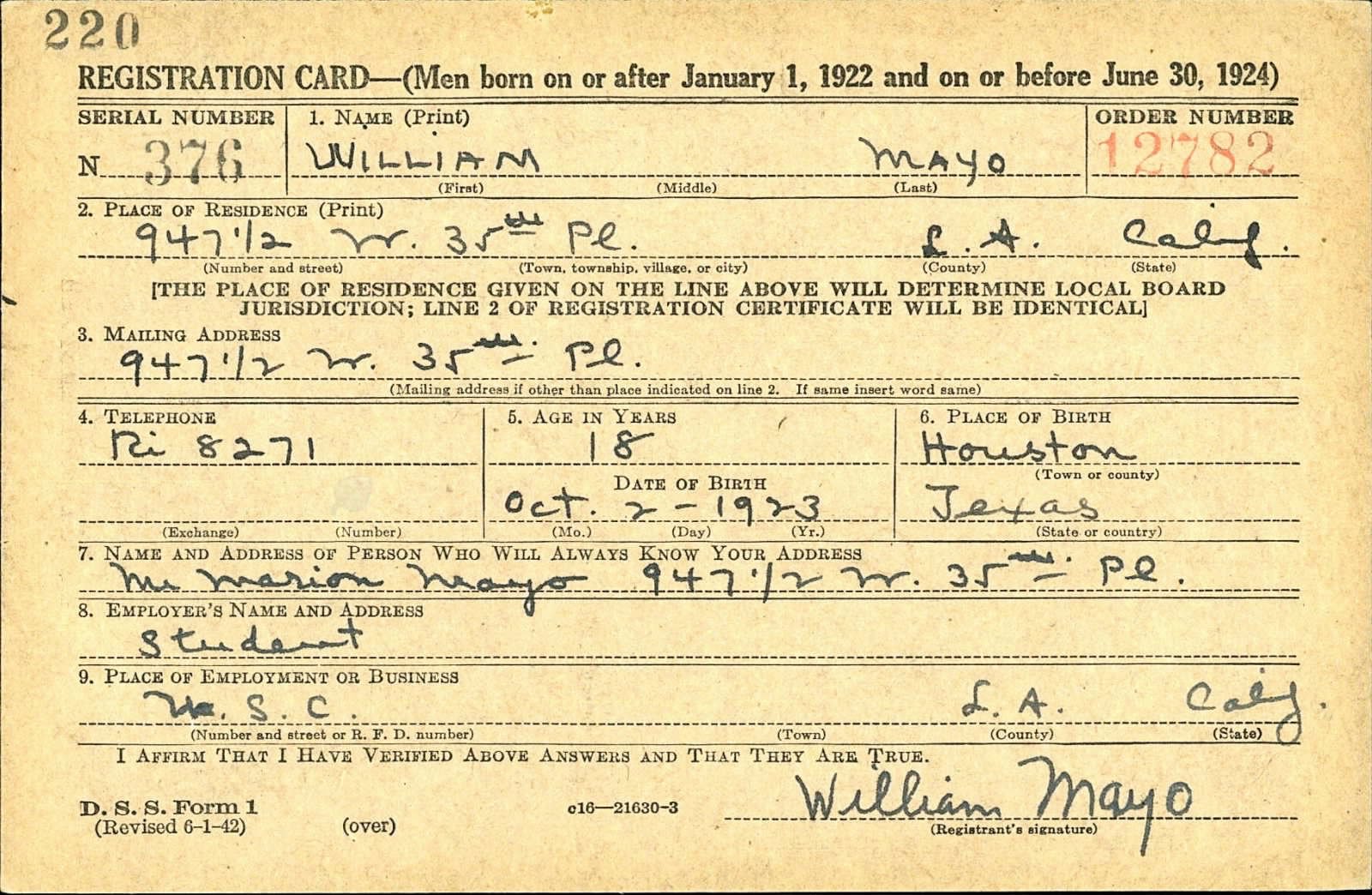 William Mayo Draft Registration Card
