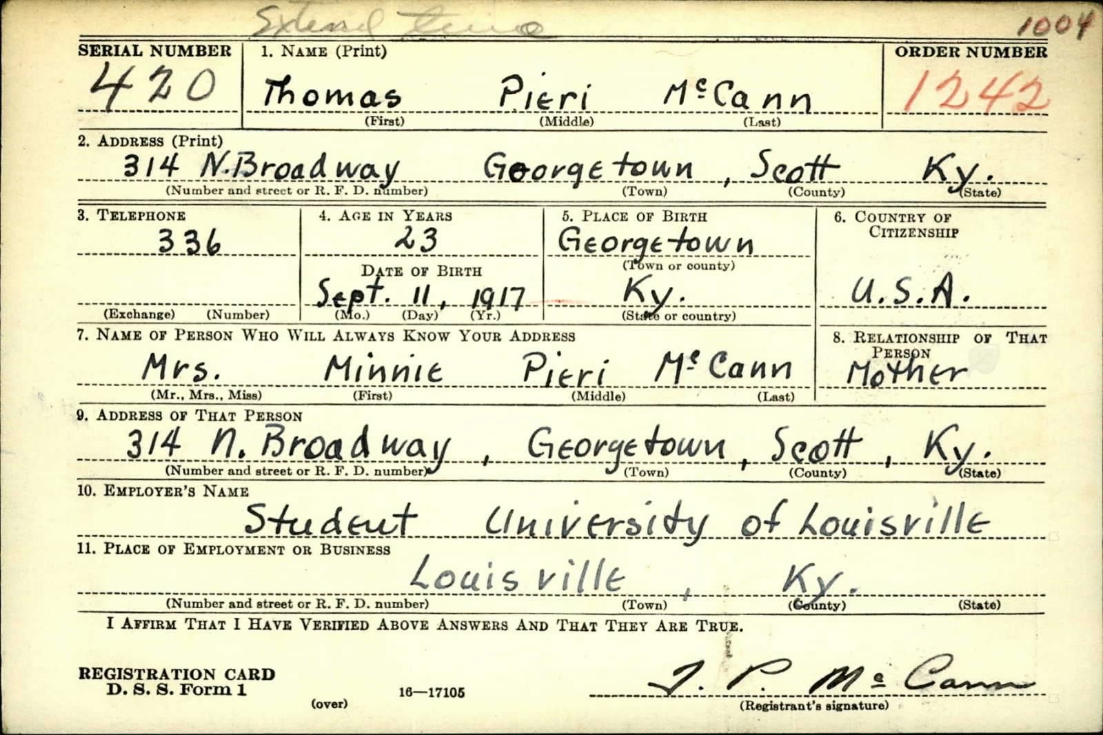 Thomas Pieri McCann Draft Registration Card