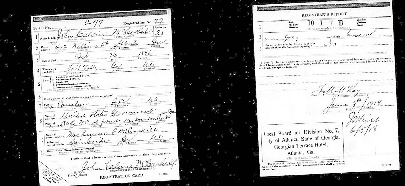 John Calvin McCaskill Draft Registration Card