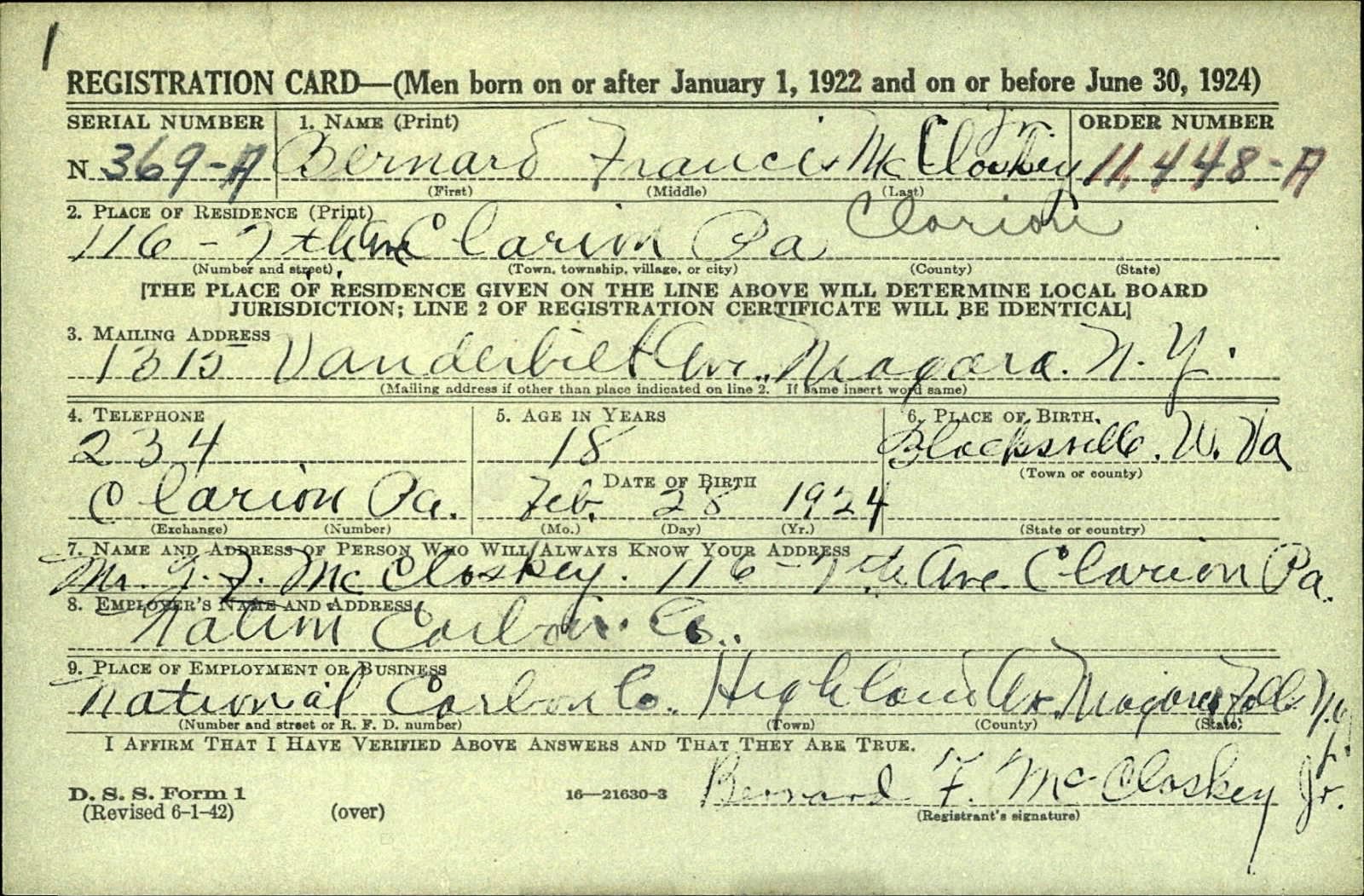 Bernard Francis McCloskey Draft Registration Card