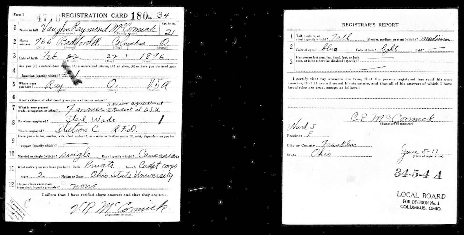 Vaughn Raymond McCormick Draft Registration Card