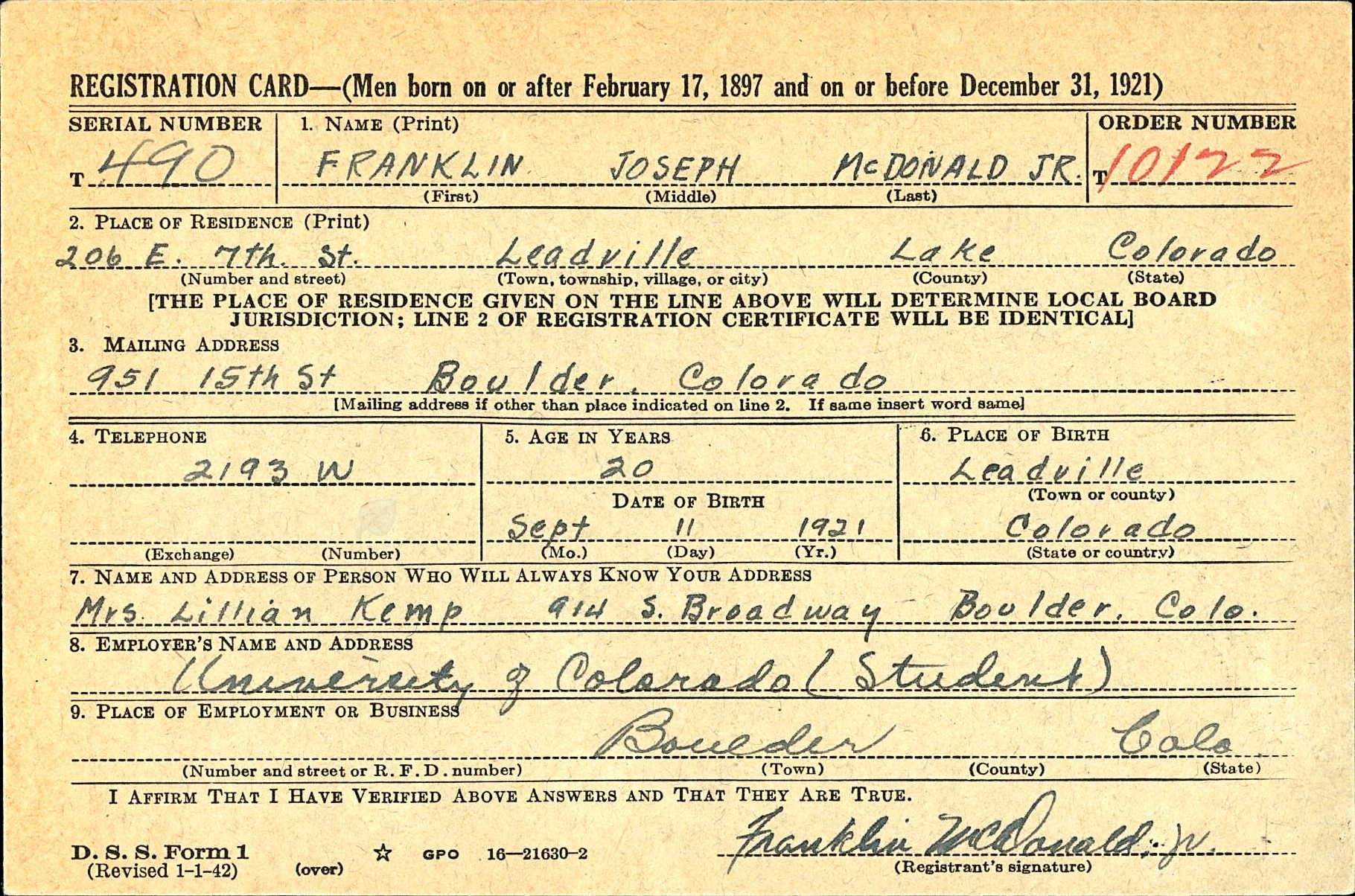 Franklin Joseph McDonald Draft Registration Card