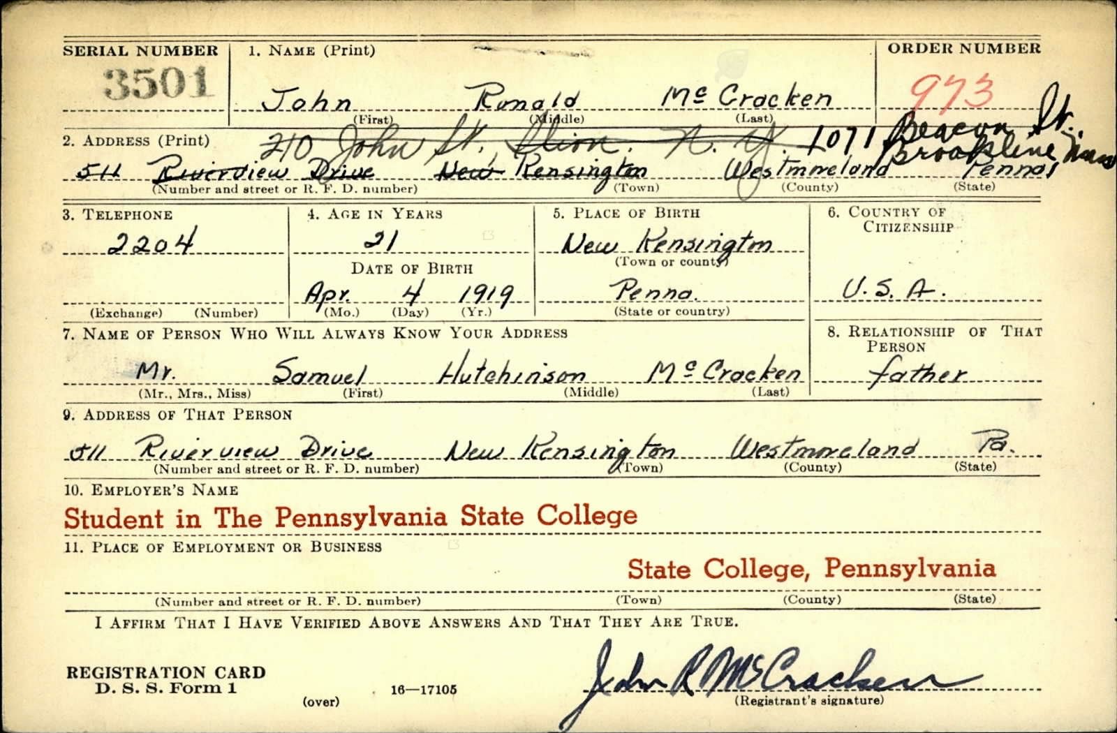 John Ronald McCracken Draft Registration Card