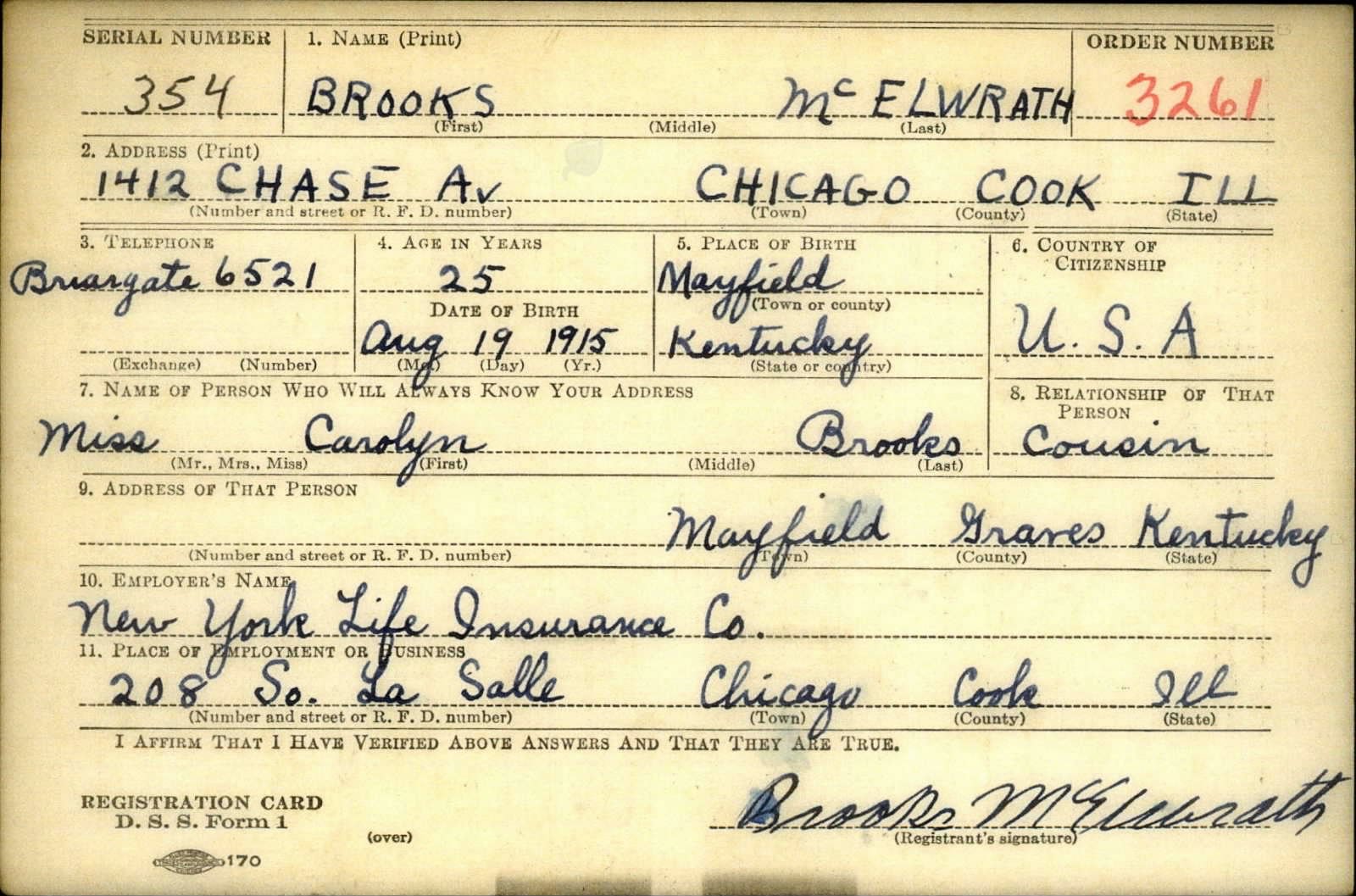 Brooks Mcelwrath Draft Registration Card