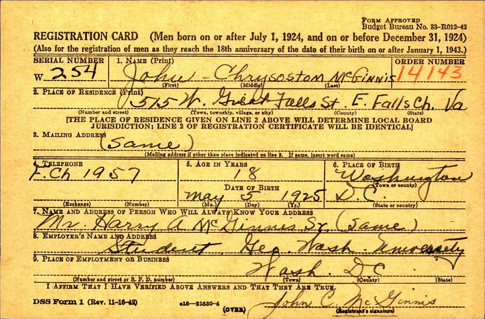 John Chrysostom McGinnis Draft Registration Card