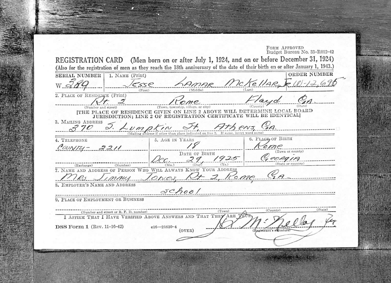 Jesse Lamar McKellar Draft Registration Card
