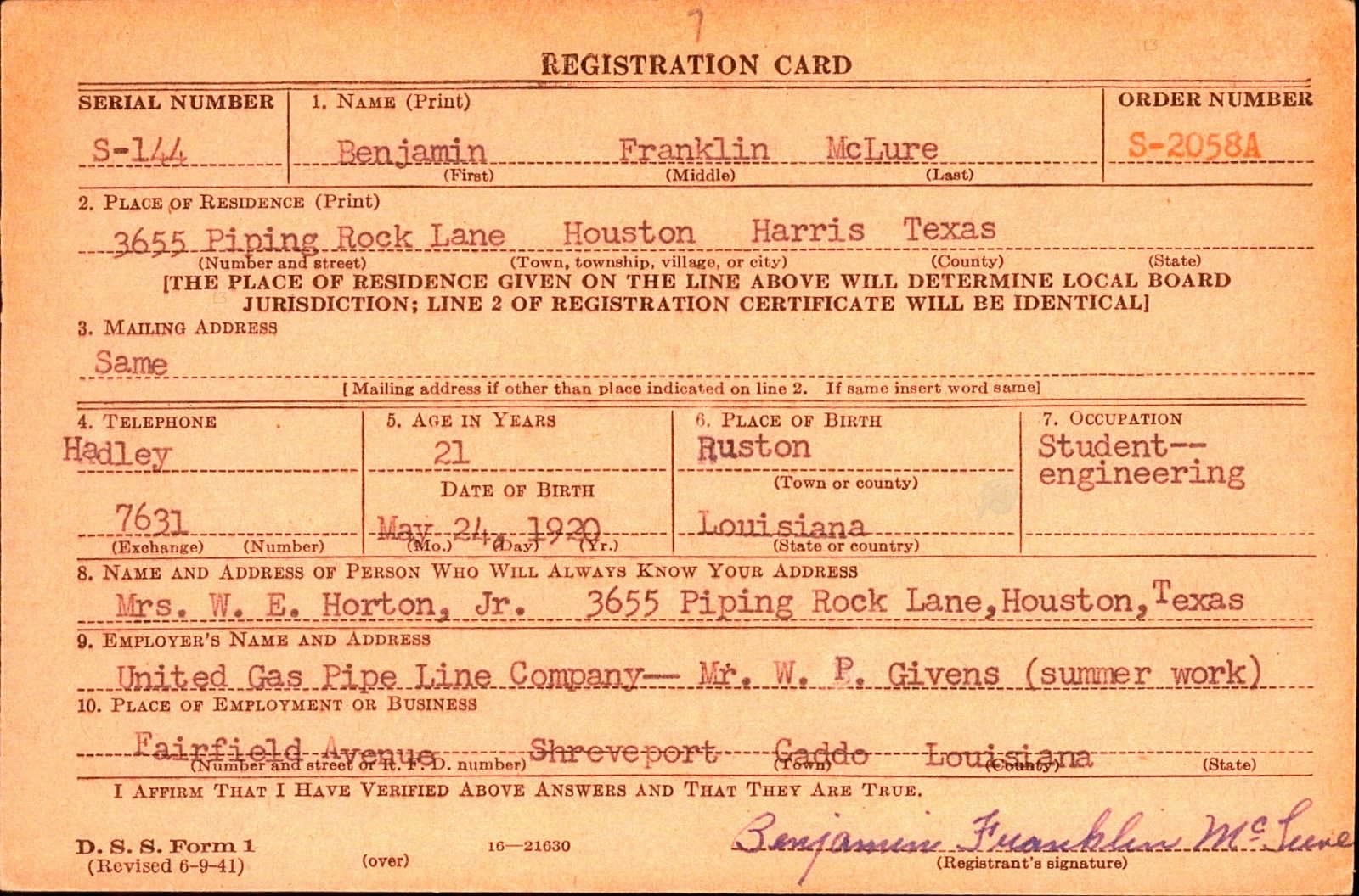 Benjamin Franklin McLure Draft Registration Card