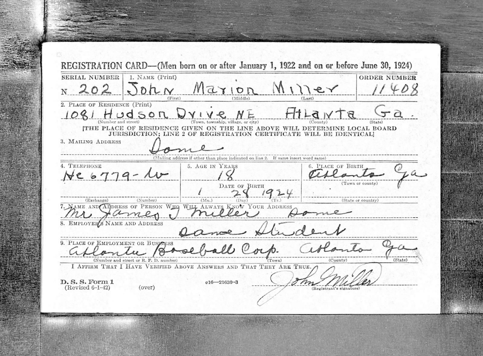John Marion Miller Draft Registration Card