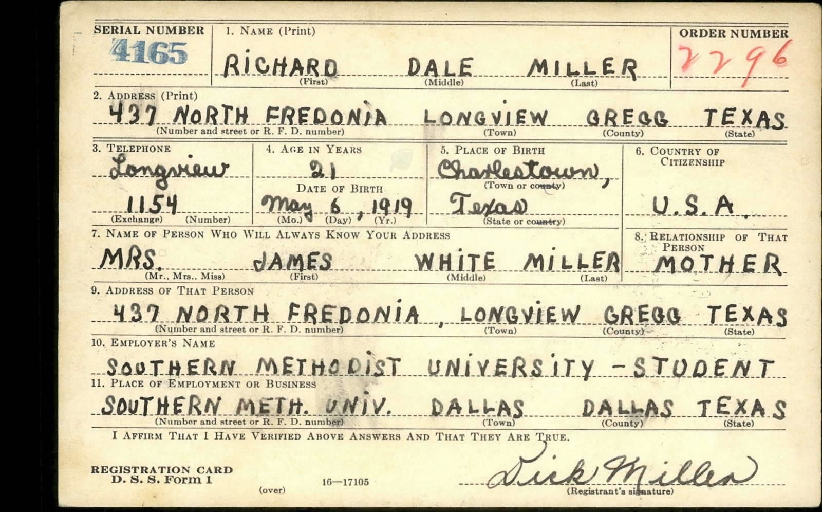 Richard Dale Miller Draft Registration Card