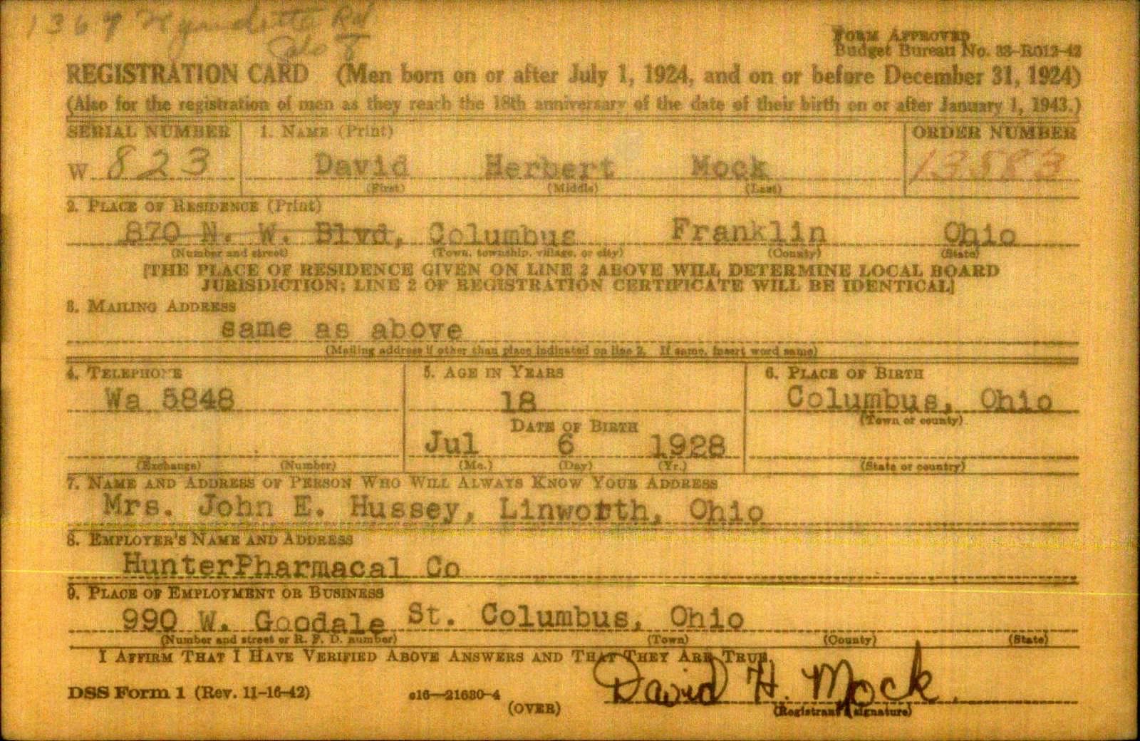 David Herbert Mock Draft Registration Card