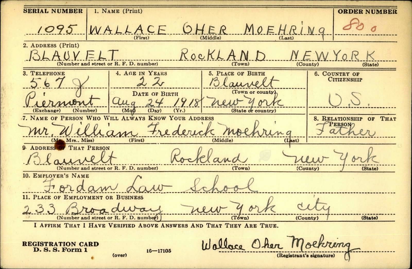 Wallace Oher Moehring Draft Registration Card