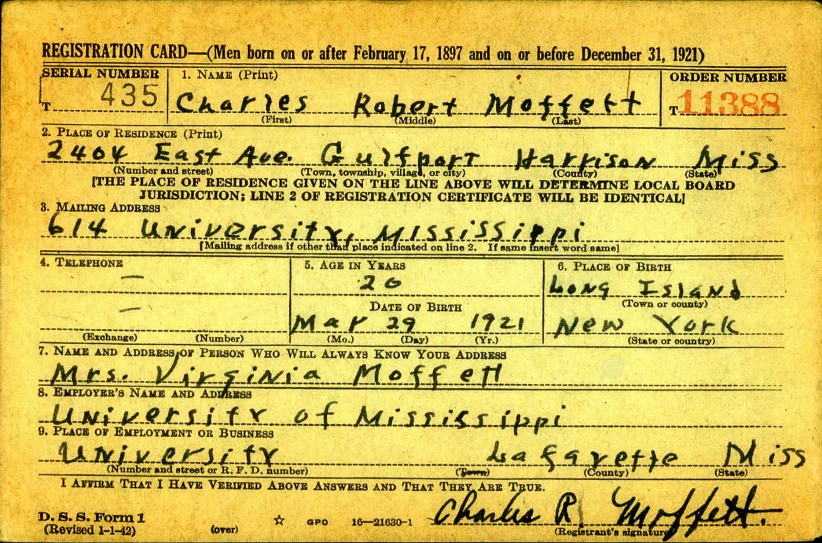 Charles Robert Moffett Draft Registration Card