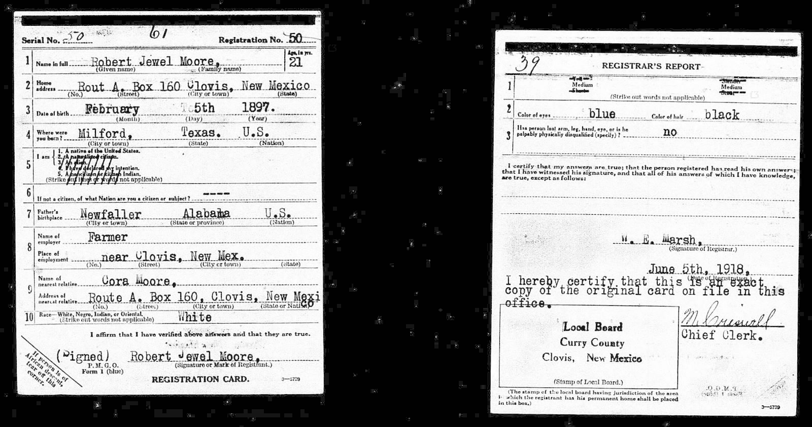 Robert Jewel Moore Draft Registration Card
