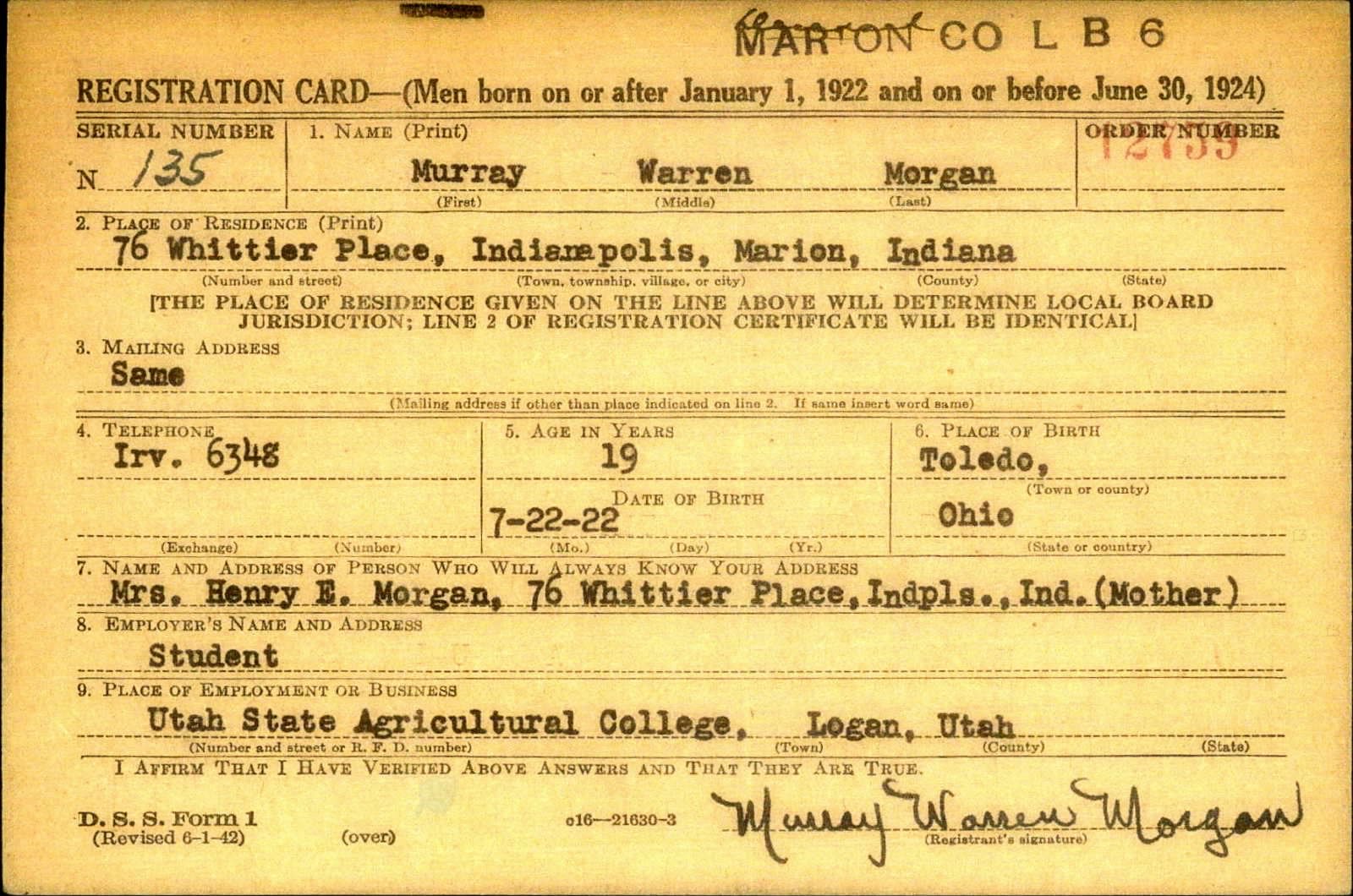 Murray Warren Morgan Draft Registration Card