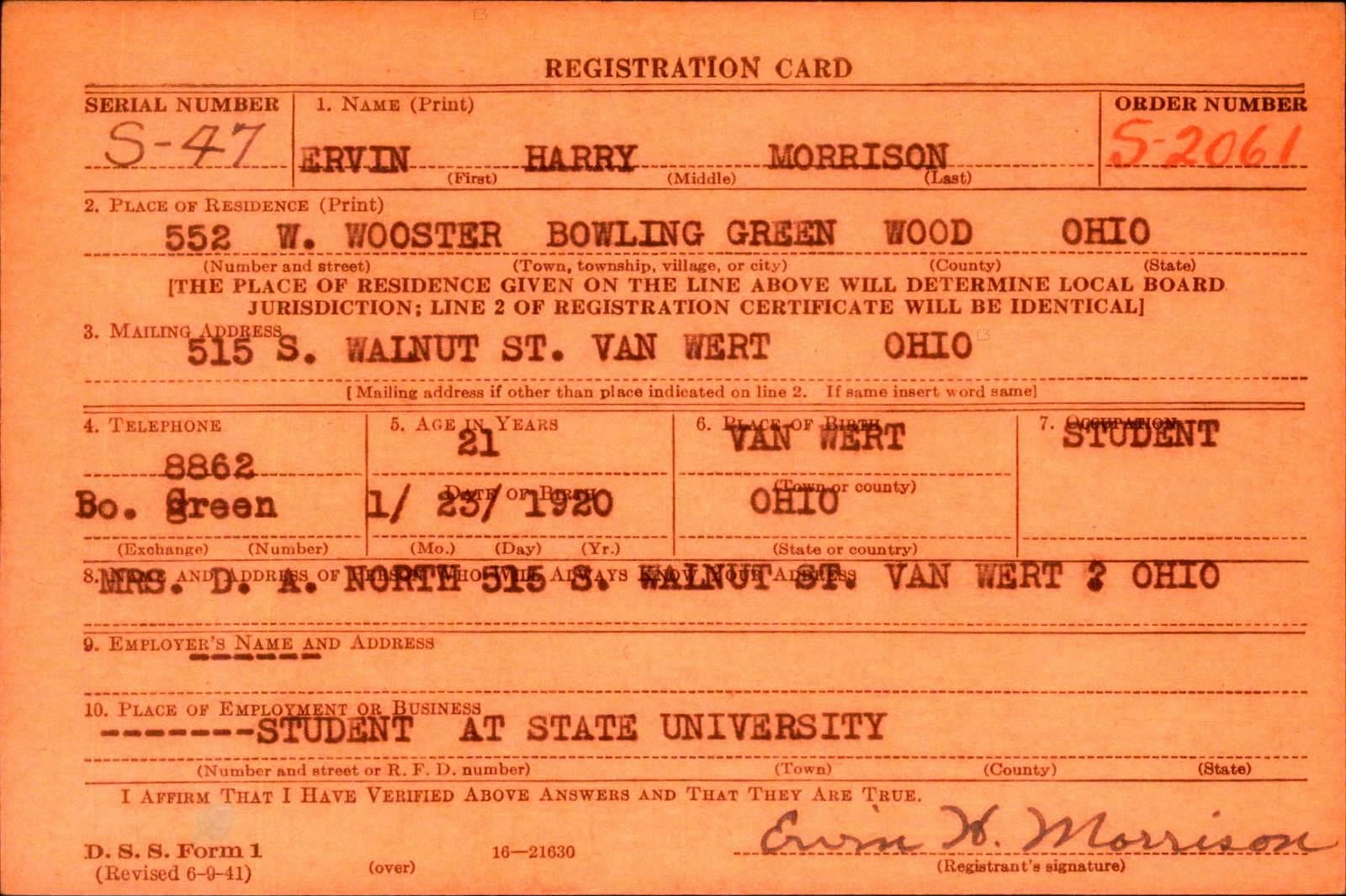Ervin Harry Morrison Draft Registration Card