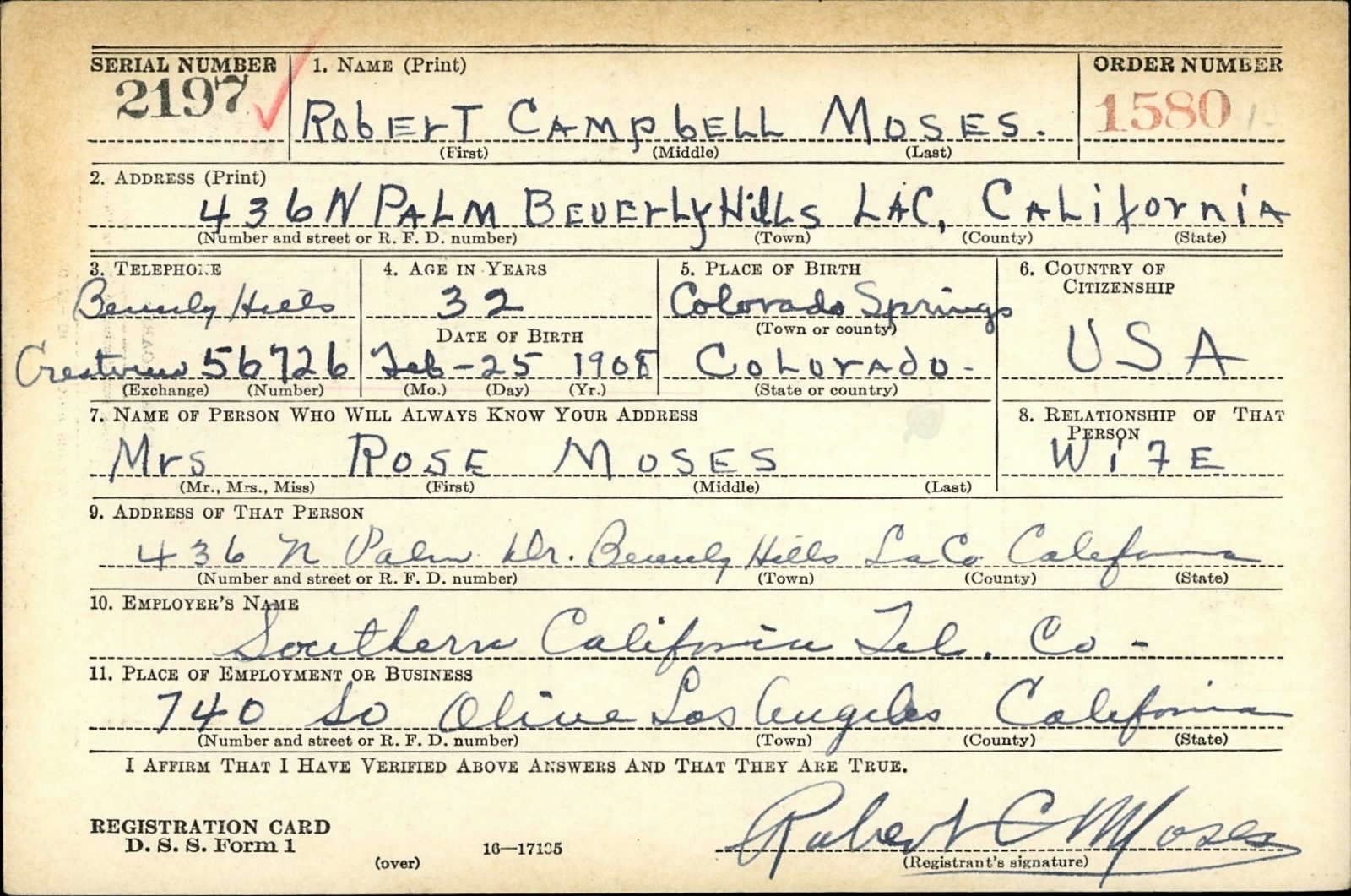 Robert Campbell Moses Draft Registration Card