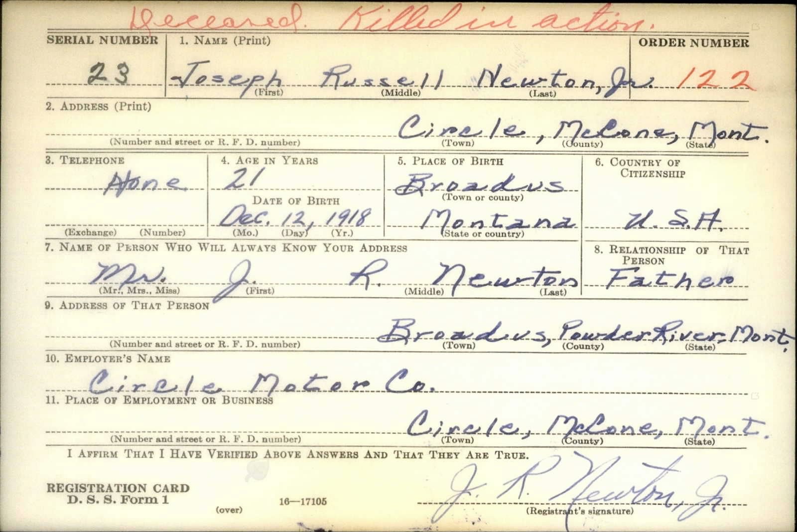 Joseph Russell Newton Draft Registration Card