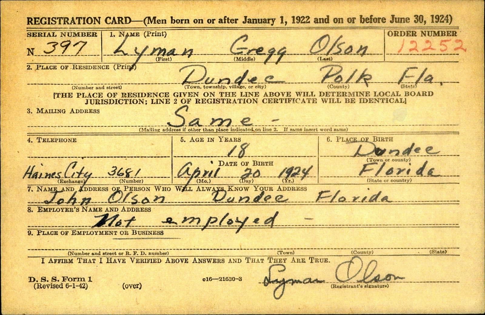 Lyman Gregg Olson Draft Registration Card