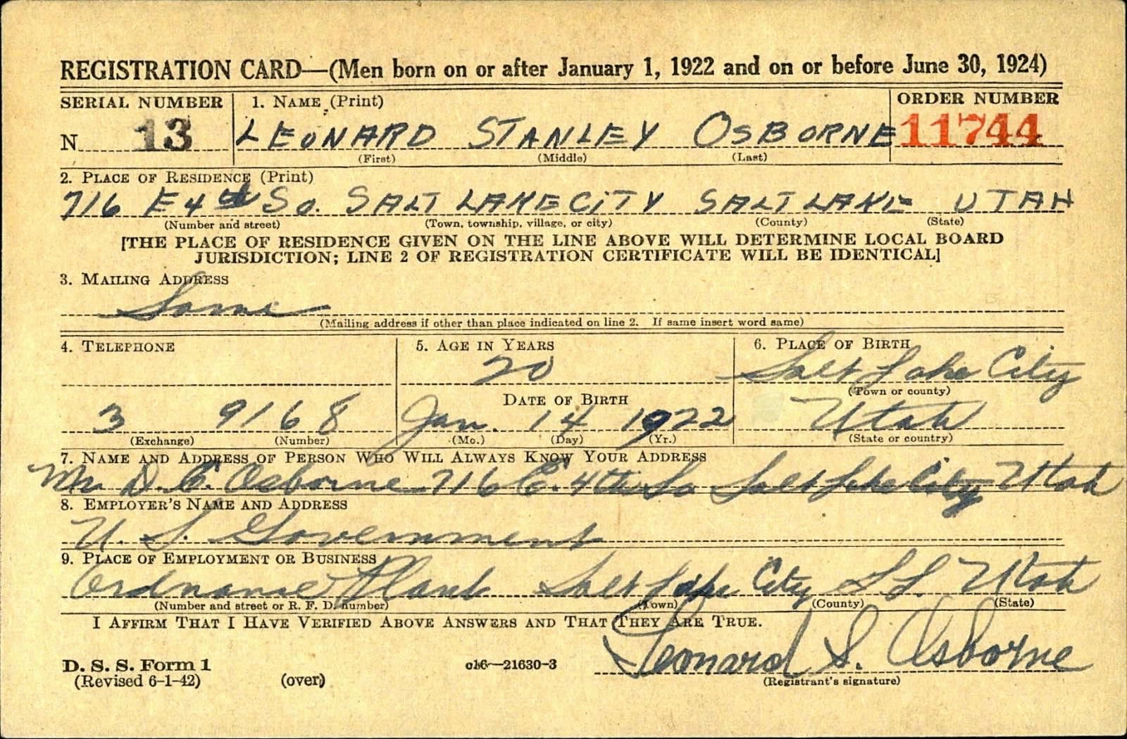 Leonard Stanley Osborne Draft Registration Card