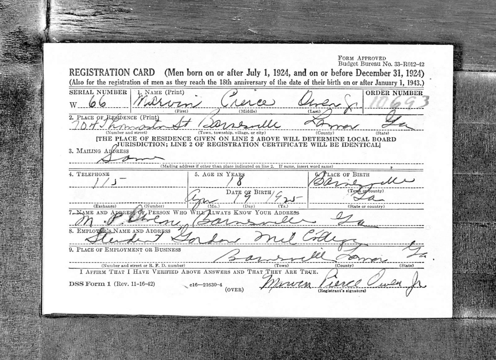 Marvin Pierce Owen Draft Registration Card