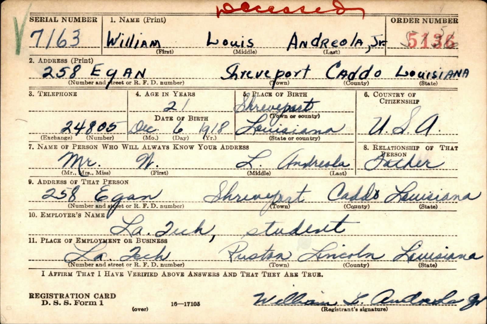 William Louis Andreola Draft Registration Card