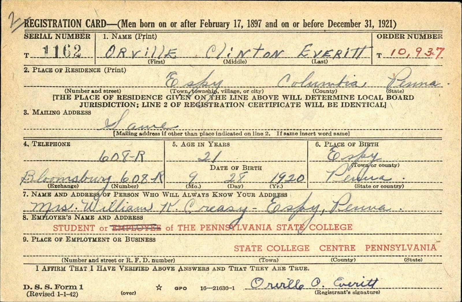 Orville Clinton Everitt Jr. Draft Registration Card