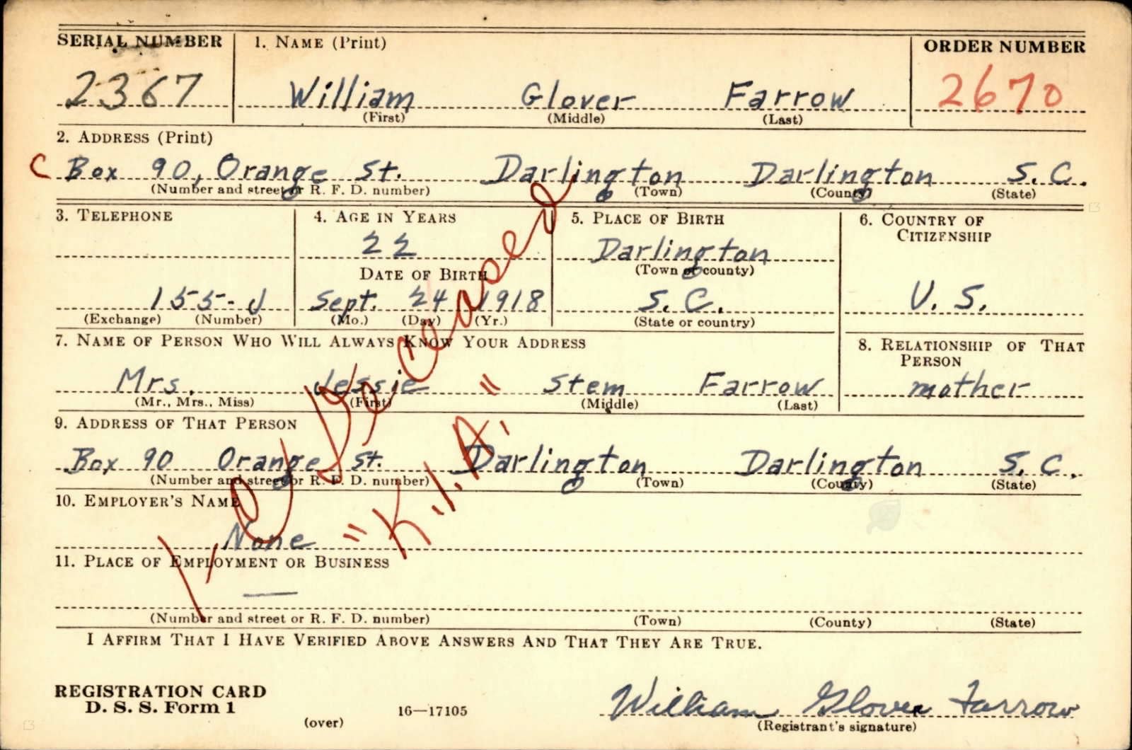 William Glover Farrow Draft Registration Card