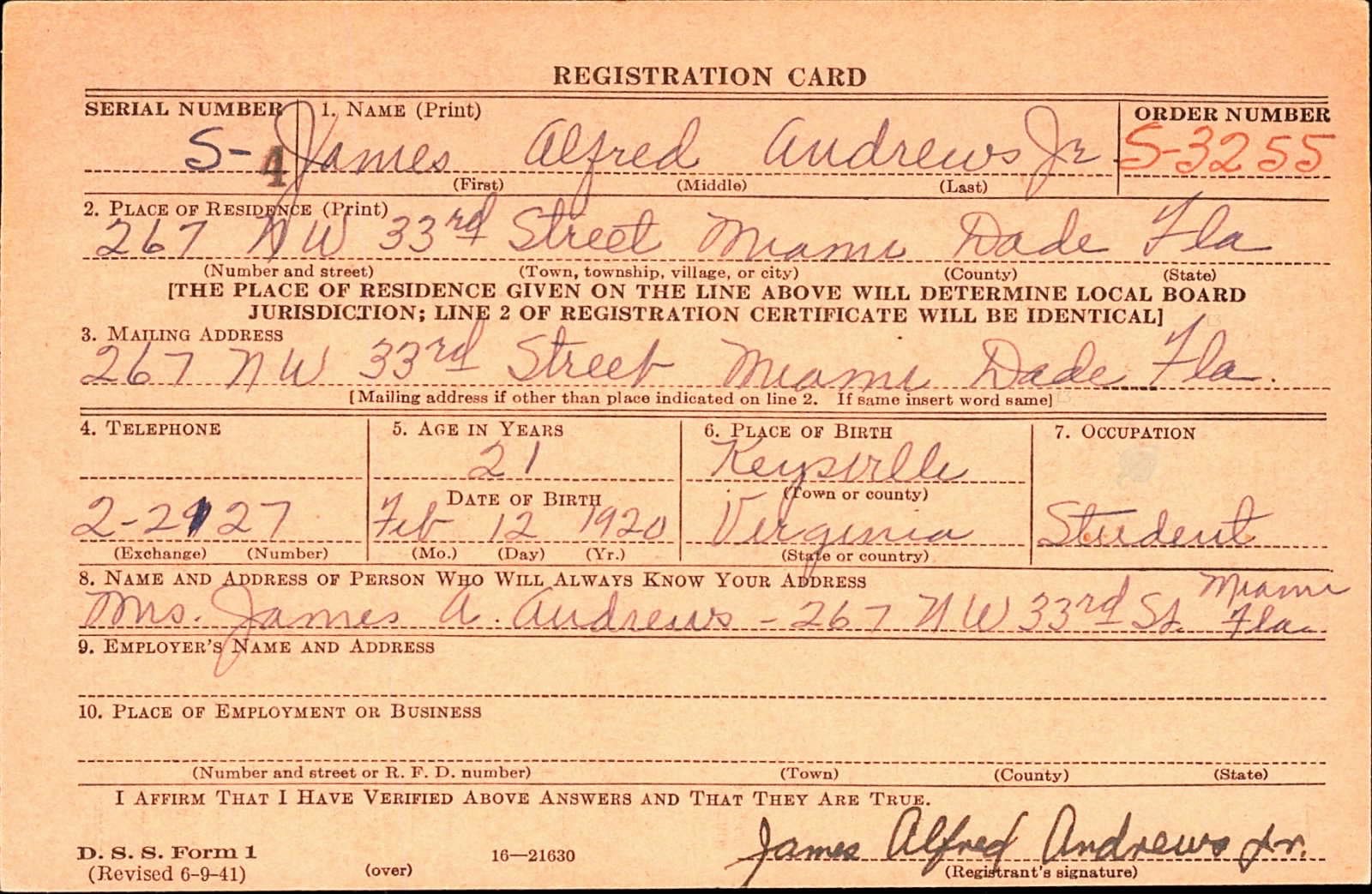 James Alfred Andrews Jr. Draft Registration Card