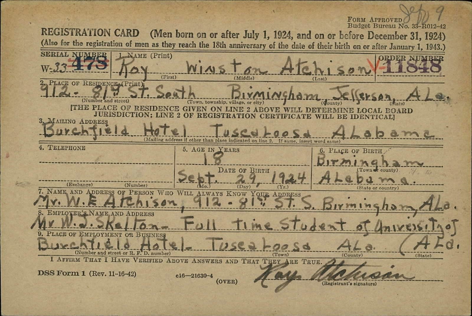 Roy Winston Atchison Draft Registration Card