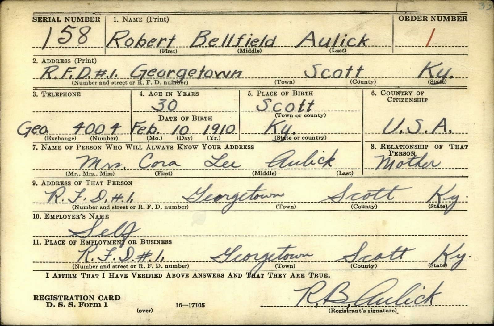 Robert Bellfield Aulick Draft Registration Card