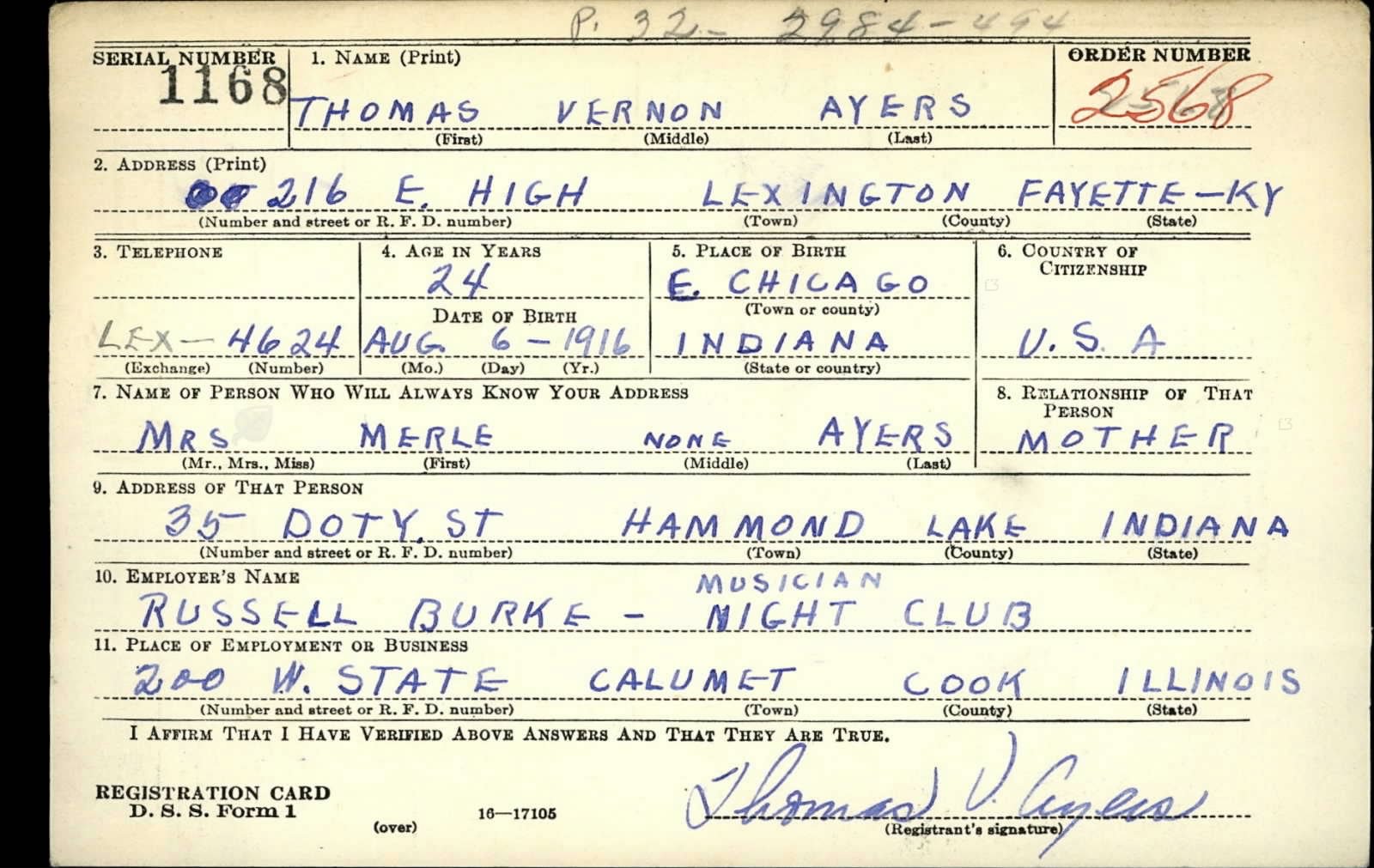 Thomas Vernon Ayers Draft Registration Card