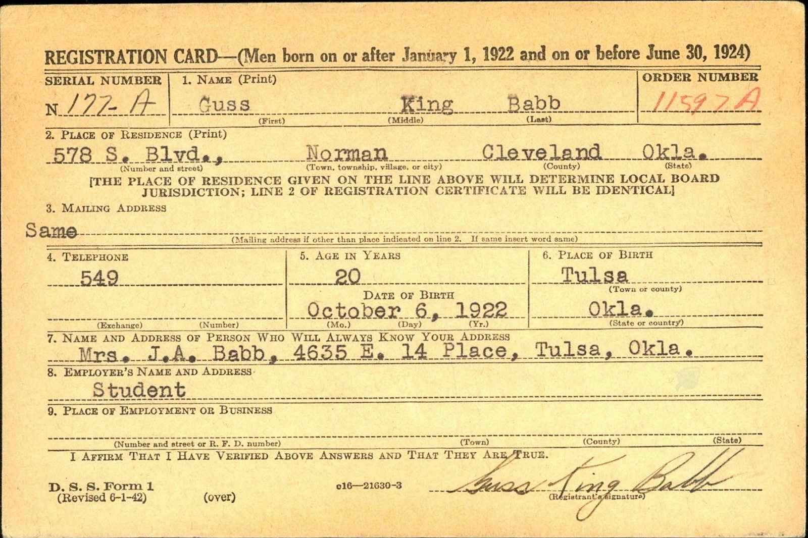 Guss King Babb Draft Registration Card