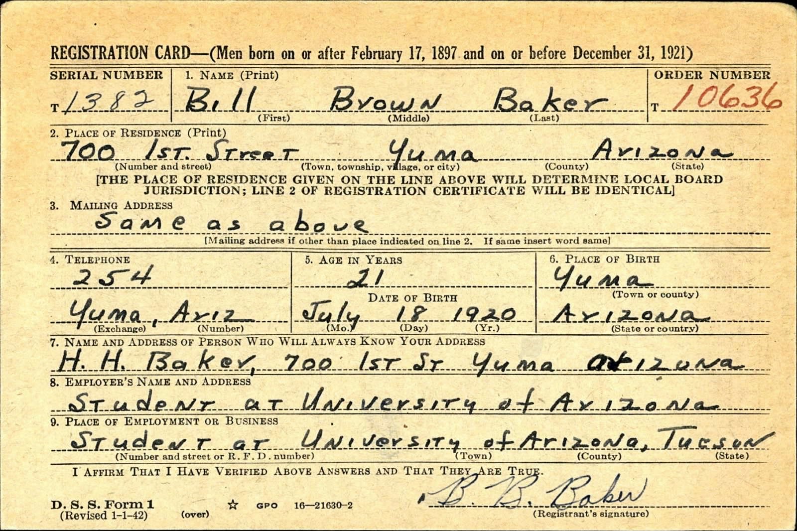 Bill Brown Baker Draft Registration Card