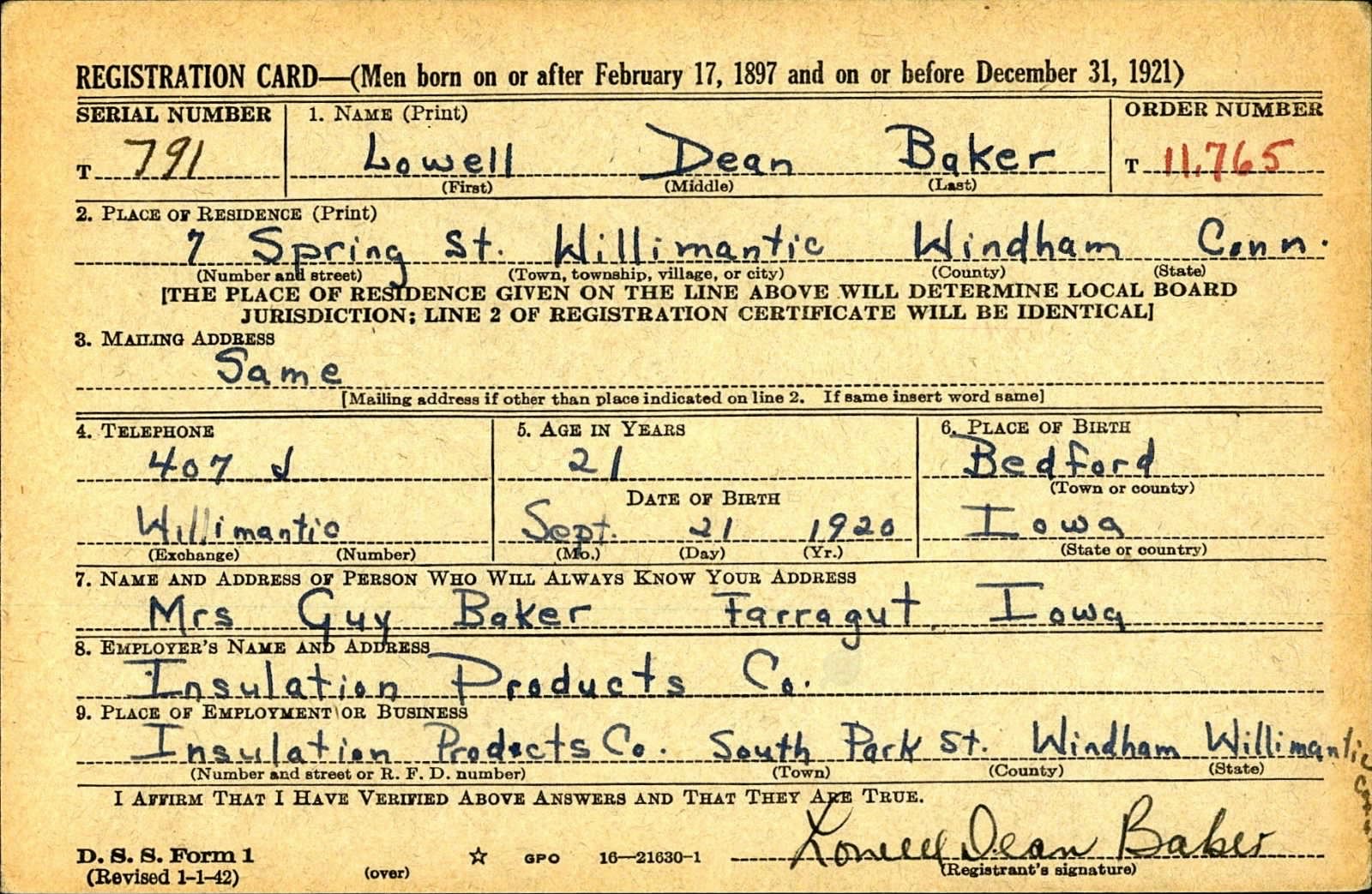Lowell Dean Baker Draft Registration Card