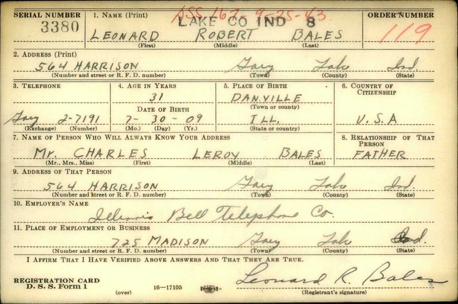 Leonard Robert Bales Draft Registration Card