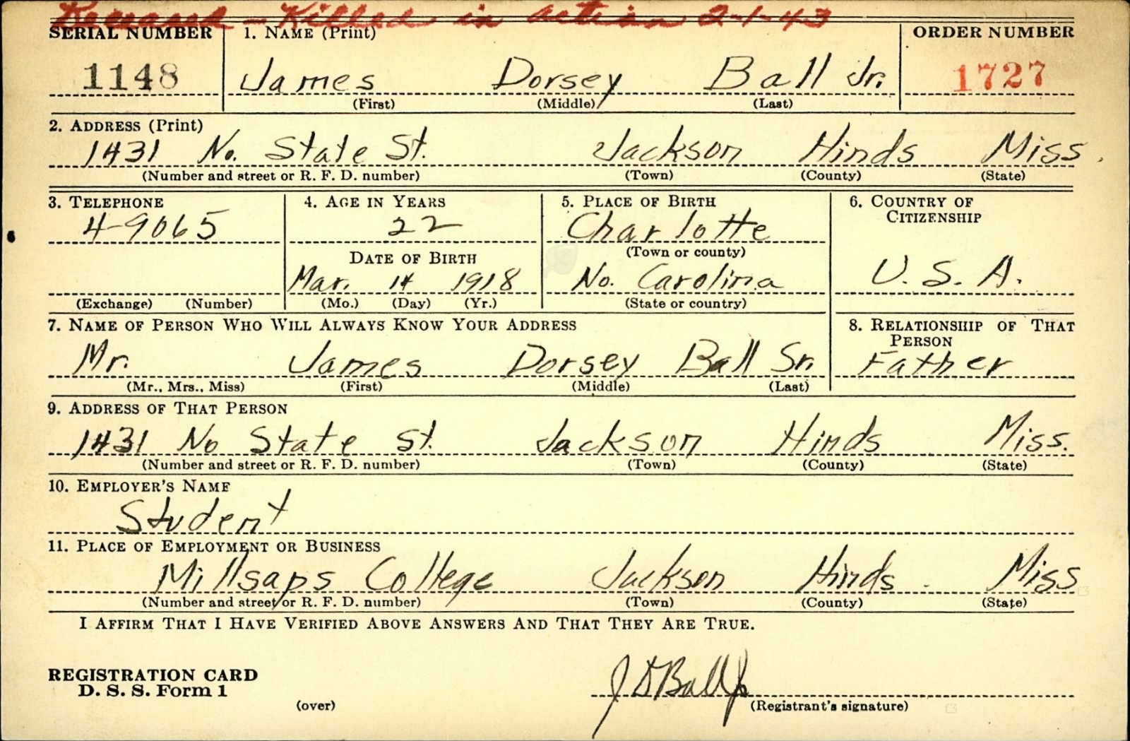 James Dorsey Ball Jr. Draft Registration Card