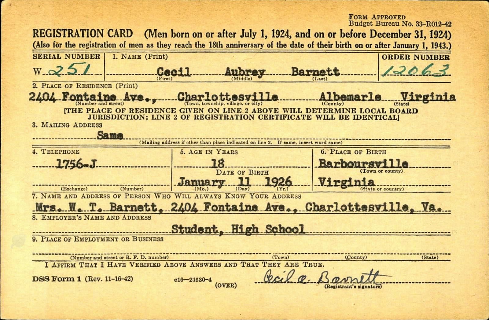 Cecil Aubrey Barnett Draft Registration Card