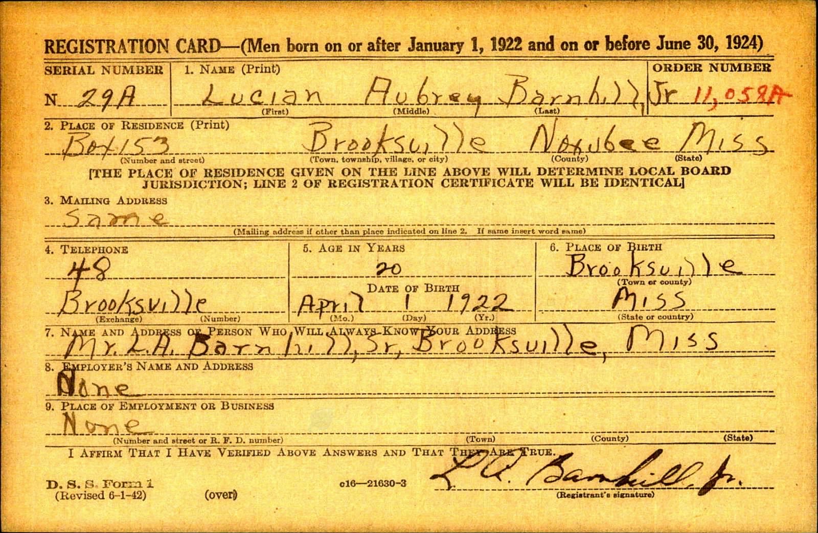 Lucian Aubrey Barnhill Draft Registration Card