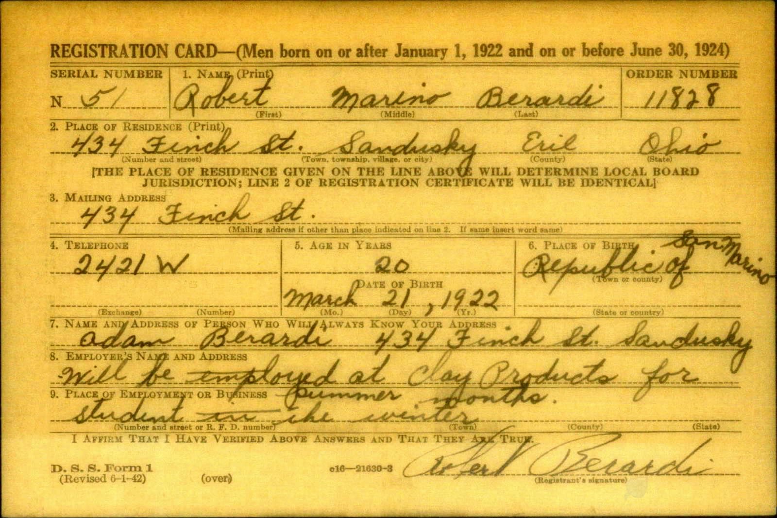 Robert Marino Berardi Draft Registration Card