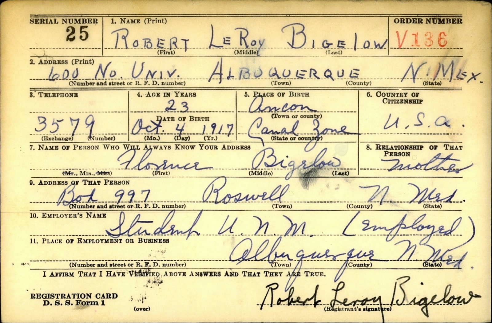 Robert Leroy Bigelow Draft Registration Card