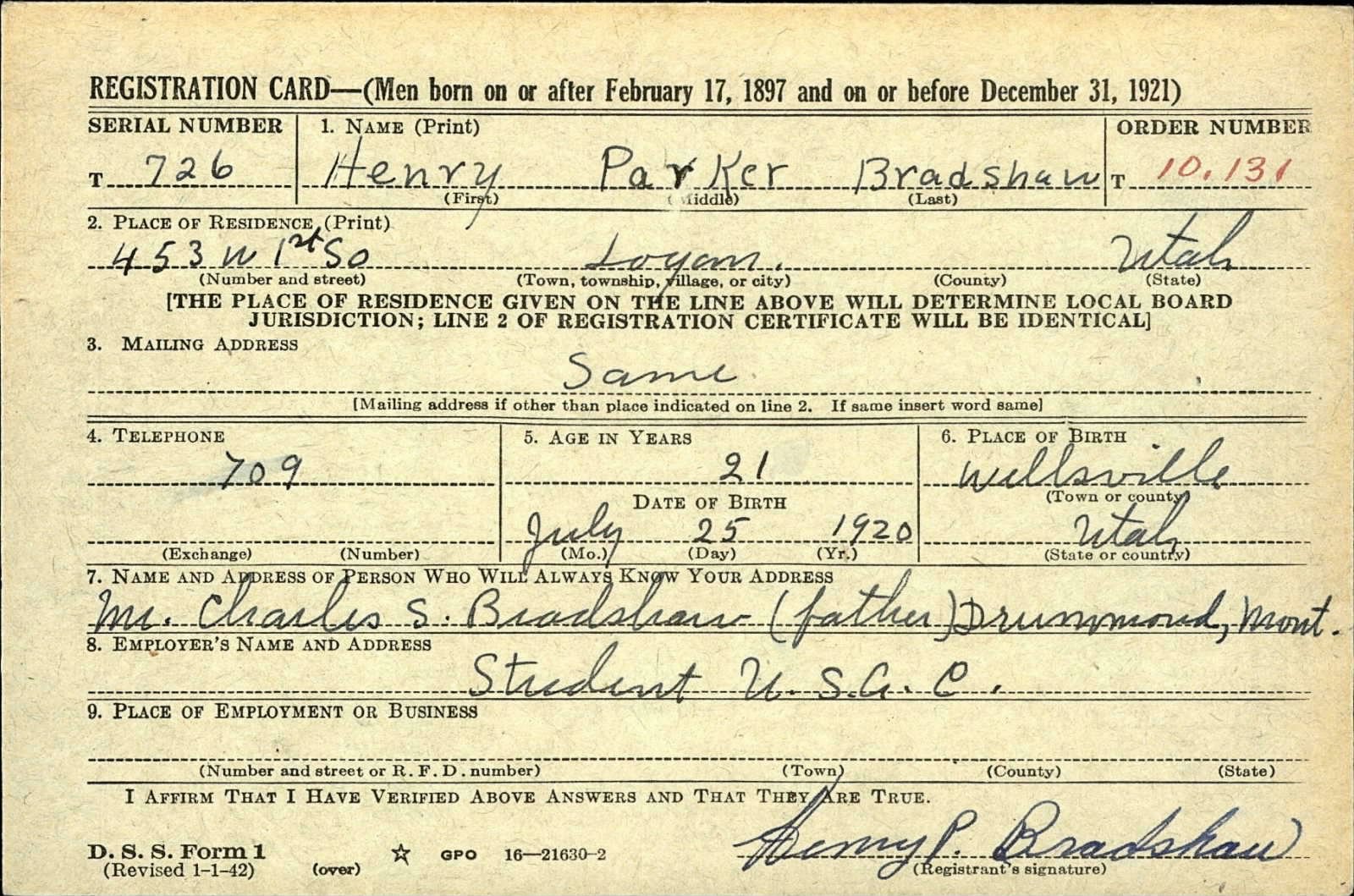 Henry Parker Bradshaw Draft Registration Card