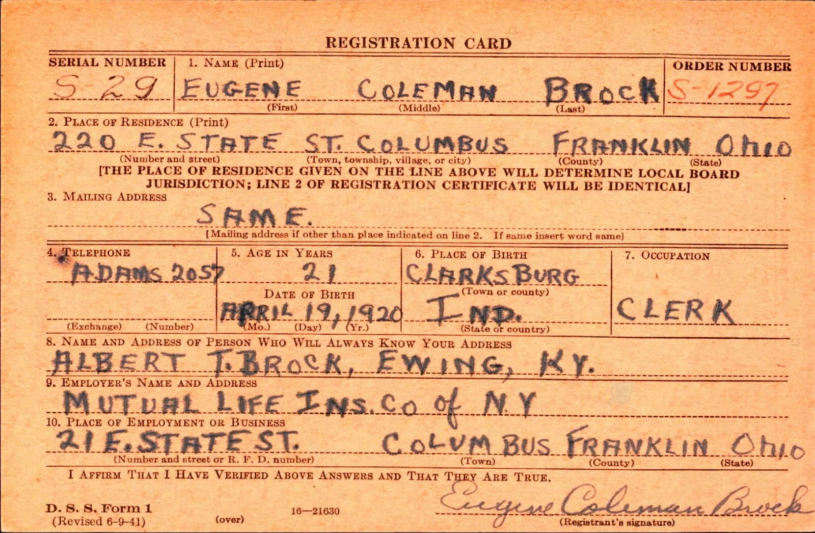 Eugene Coleman Brock Draft Registration Card