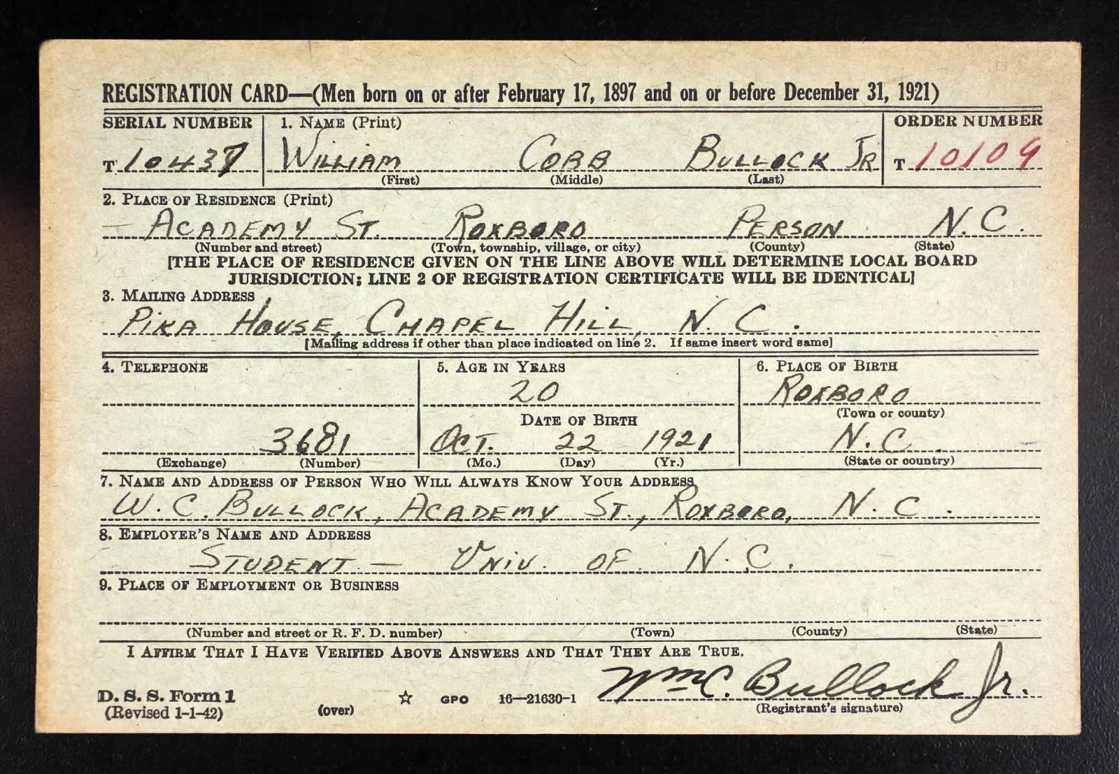 William Cobb Bullock Jr. Draft Registration Card