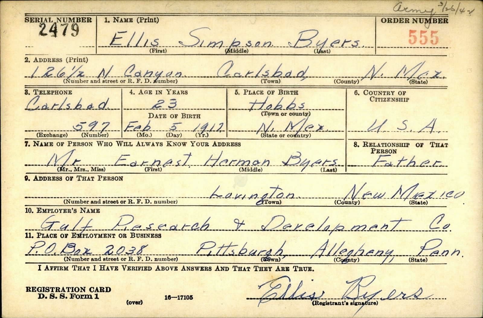 Ellis Simpson Byers Draft Registration Card
