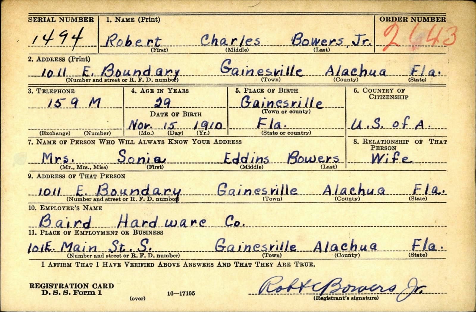 Robert Charles Bowers Jr. Draft Registration Card