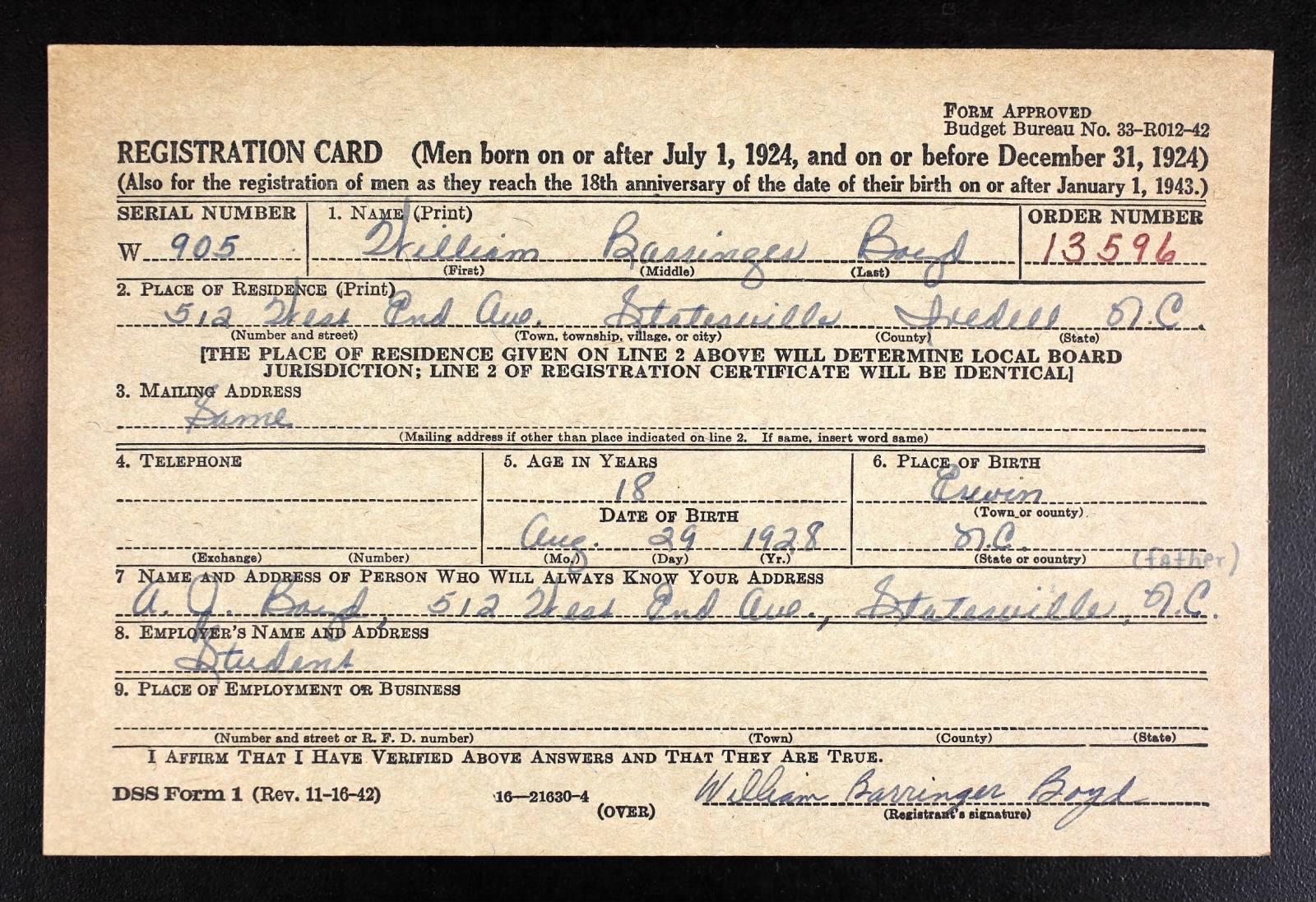 William Barringer Boyd Draft Registration Card