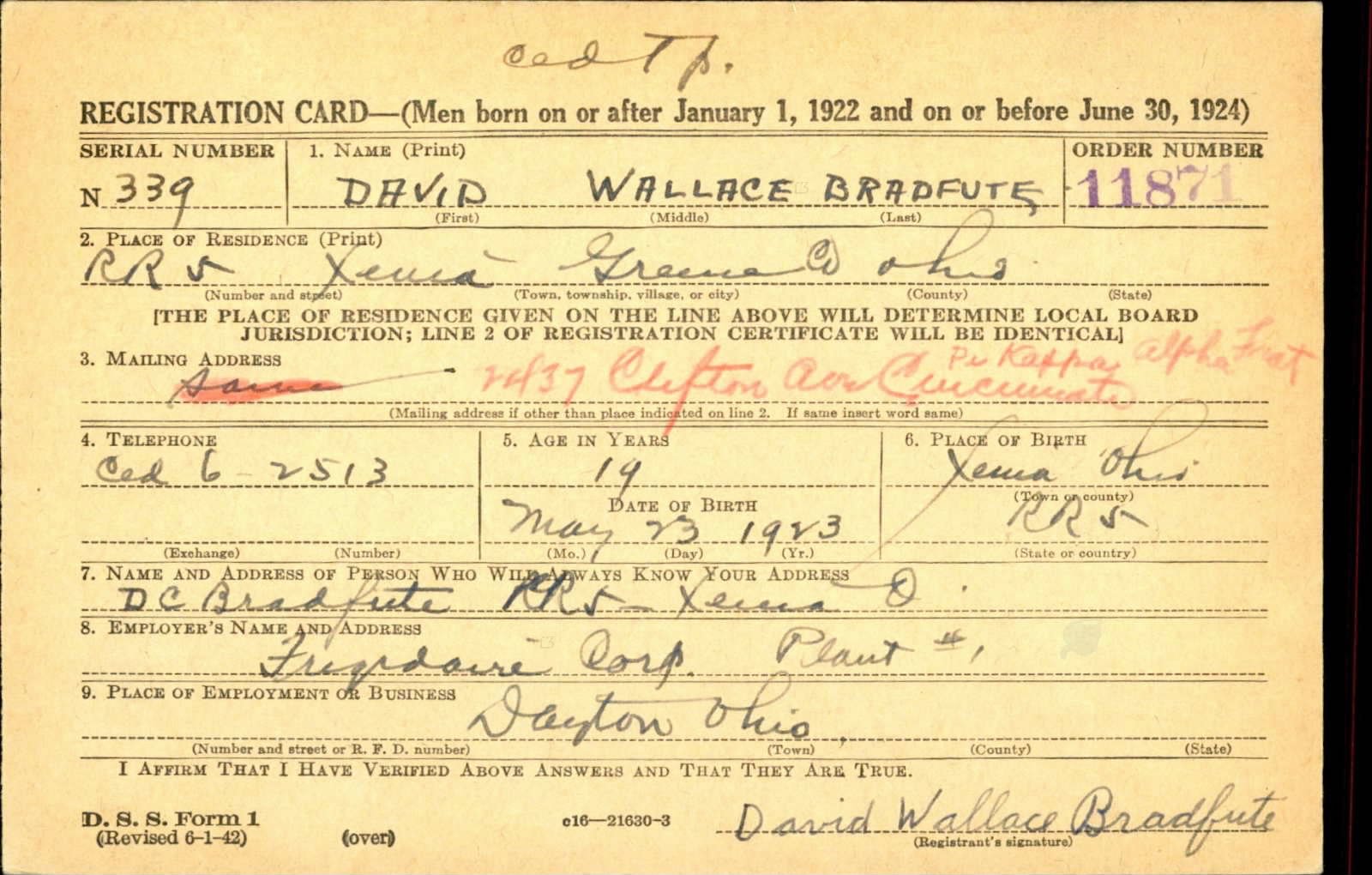 David Wallace Bradfute Draft Registration Card