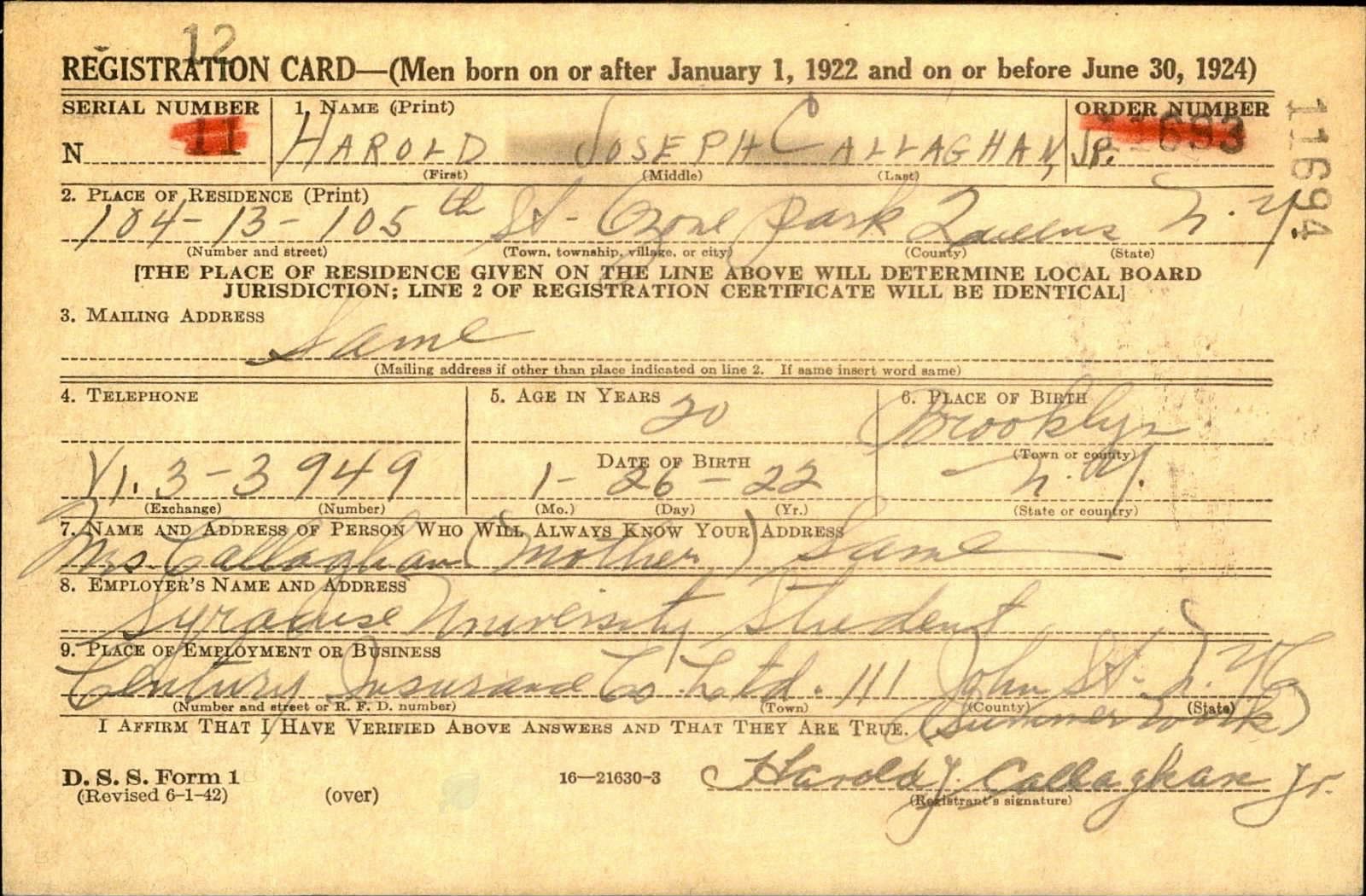 Harold Joseph Callaghan Draft Registration Card