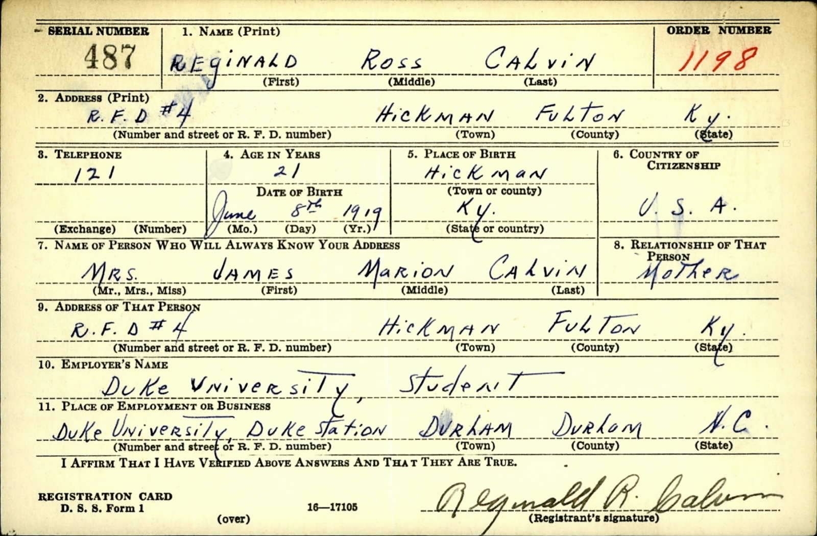 Reginald Ross Calvin Draft Registration Card