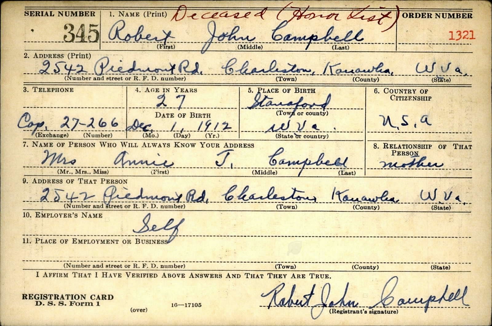 Robert John Campbell Draft Registration Card